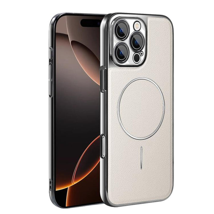 Funda para teléfono magnética a prueba de golpes con marco galvanizado y piel vegana, For iPhone 17 Pro Max, For iPhone 17 Pro, For iPhone 17, For iPhone 16 Pro Max, For iPhone 16 Pro, For iPhone 16 Plus, For iPhone 16, For iPhone 15 Pro Max           ...