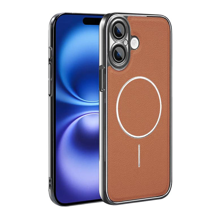 Funda para teléfono magnética a prueba de golpes con marco galvanizado y piel vegana, For iPhone 17 Pro Max, For iPhone 17 Pro, For iPhone 17, For iPhone 16 Pro Max, For iPhone 16 Pro, For iPhone 16 Plus, For iPhone 16, For iPhone 15 Pro Max           ...