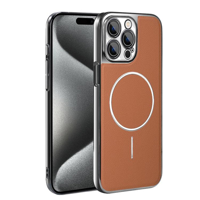 Funda para teléfono magnética a prueba de golpes con marco galvanizado y piel vegana, For iPhone 17 Pro Max, For iPhone 17 Pro, For iPhone 17, For iPhone 16 Pro Max, For iPhone 16 Pro, For iPhone 16 Plus, For iPhone 16, For iPhone 15 Pro Max           ...