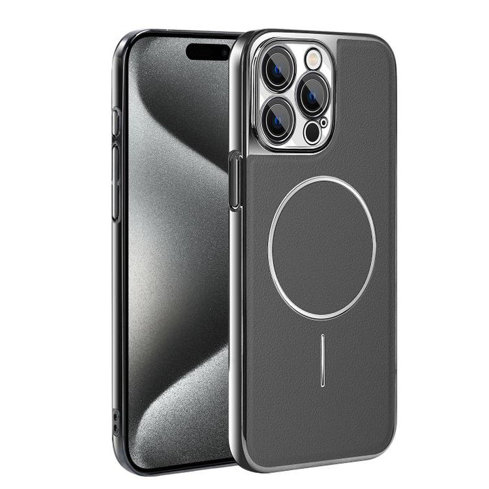 Funda para teléfono magnética a prueba de golpes con marco galvanizado y piel vegana, For iPhone 17 Pro Max, For iPhone 17 Pro, For iPhone 17, For iPhone 16 Pro Max, For iPhone 16 Pro, For iPhone 16 Plus, For iPhone 16, For iPhone 15 Pro Max           ...