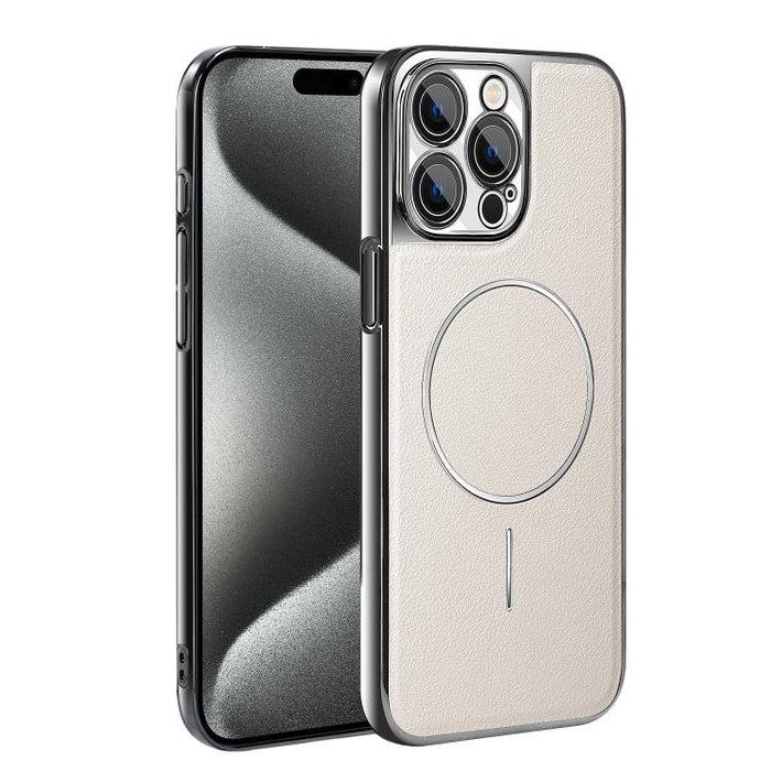 Funda para teléfono magnética a prueba de golpes con marco galvanizado y piel vegana, For iPhone 17 Pro Max, For iPhone 17 Pro, For iPhone 17, For iPhone 16 Pro Max, For iPhone 16 Pro, For iPhone 16 Plus, For iPhone 16, For iPhone 15 Pro Max           ...