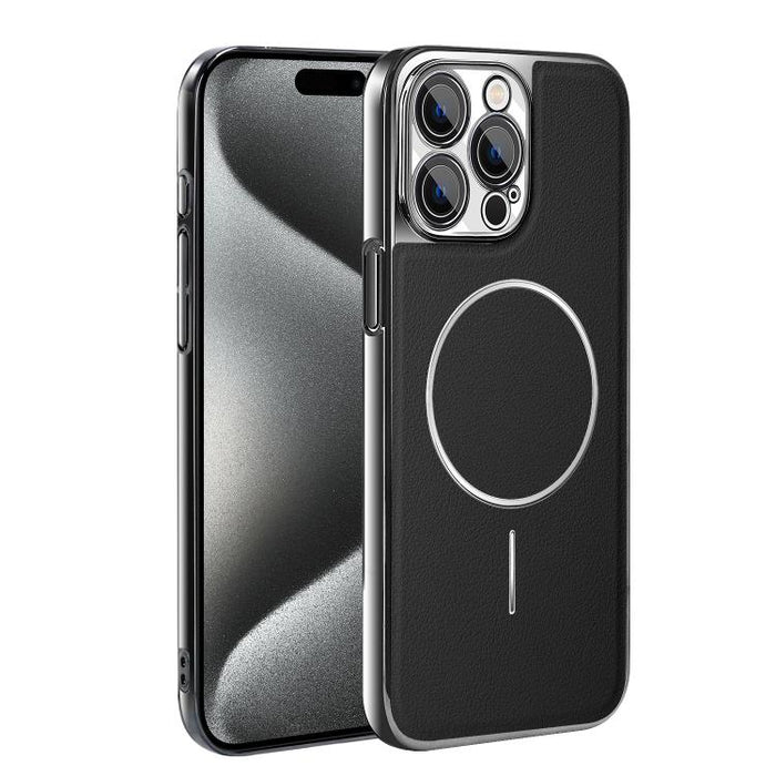 Funda para teléfono magnética a prueba de golpes con marco galvanizado y piel vegana, For iPhone 17 Pro Max, For iPhone 17 Pro, For iPhone 17, For iPhone 16 Pro Max, For iPhone 16 Pro, For iPhone 16 Plus, For iPhone 16, For iPhone 15 Pro Max           ...