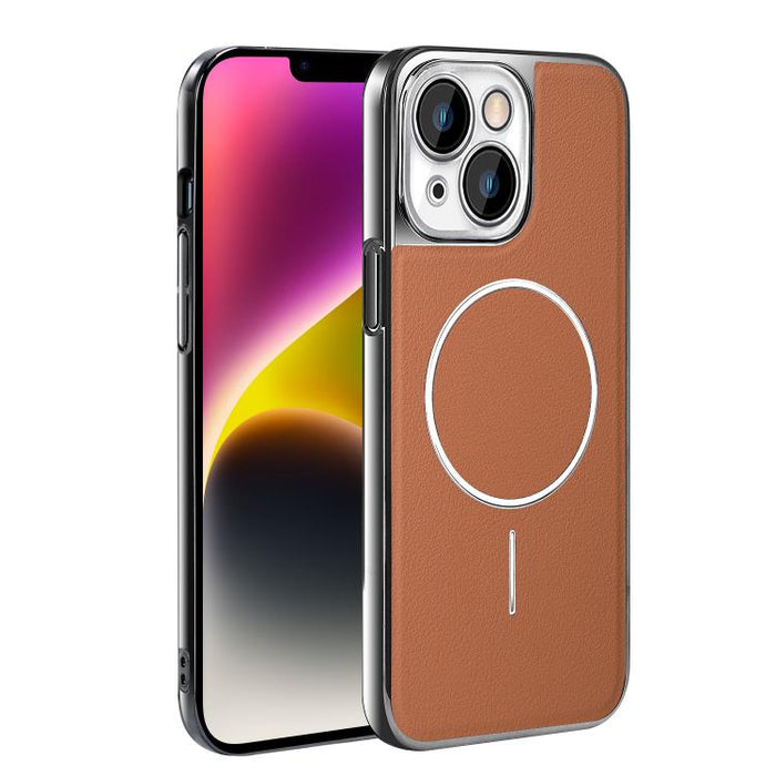 Funda para teléfono magnética a prueba de golpes con marco galvanizado y piel vegana, For iPhone 17 Pro Max, For iPhone 17 Pro, For iPhone 17, For iPhone 16 Pro Max, For iPhone 16 Pro, For iPhone 16 Plus, For iPhone 16, For iPhone 15 Pro Max           ...
