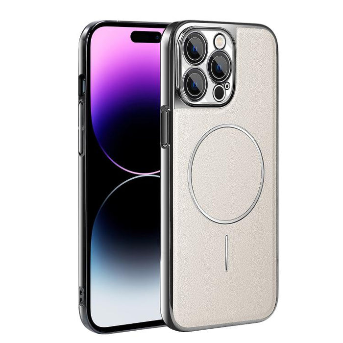 Funda para teléfono magnética a prueba de golpes con marco galvanizado y piel vegana, For iPhone 17 Pro Max, For iPhone 17 Pro, For iPhone 17, For iPhone 16 Pro Max, For iPhone 16 Pro, For iPhone 16 Plus, For iPhone 16, For iPhone 15 Pro Max           ...