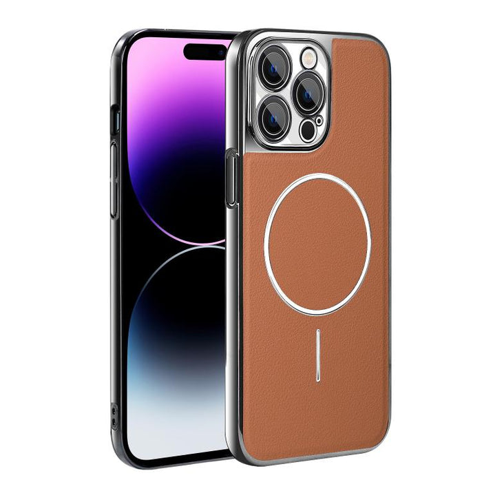 Funda para teléfono magnética a prueba de golpes con marco galvanizado y piel vegana, For iPhone 17 Pro Max, For iPhone 17 Pro, For iPhone 17, For iPhone 16 Pro Max, For iPhone 16 Pro, For iPhone 16 Plus, For iPhone 16, For iPhone 15 Pro Max           ...