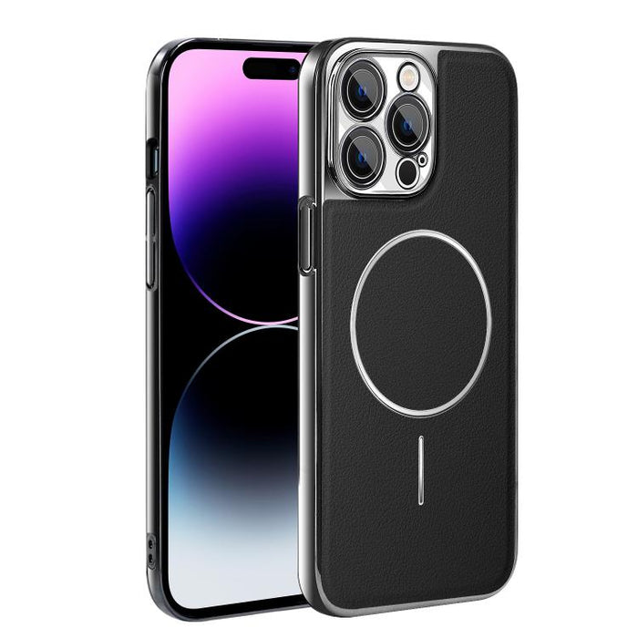 Funda para teléfono magnética a prueba de golpes con marco galvanizado y piel vegana, For iPhone 17 Pro Max, For iPhone 17 Pro, For iPhone 17, For iPhone 16 Pro Max, For iPhone 16 Pro, For iPhone 16 Plus, For iPhone 16, For iPhone 15 Pro Max           ...