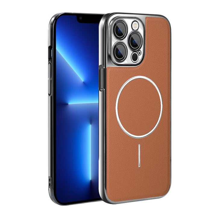 Funda para teléfono magnética a prueba de golpes con marco galvanizado y piel vegana, For iPhone 17 Pro Max, For iPhone 17 Pro, For iPhone 17, For iPhone 16 Pro Max, For iPhone 16 Pro, For iPhone 16 Plus, For iPhone 16, For iPhone 15 Pro Max           ...