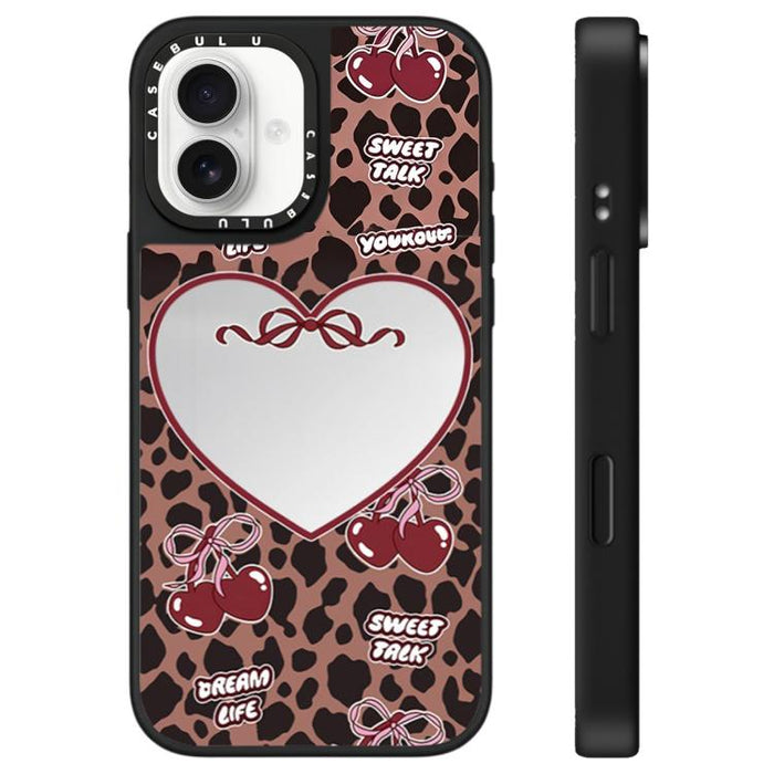 Funda para teléfono con espejo y estampado de leopardo y cerezas, For iPhone 16 Pro Max, For iPhone 16 Pro, For iPhone 16 Plus, For iPhone 16, For iPhone 15 Pro Max, For iPhone 15 Pro, For iPhone 15 Plus, For iPhone 15