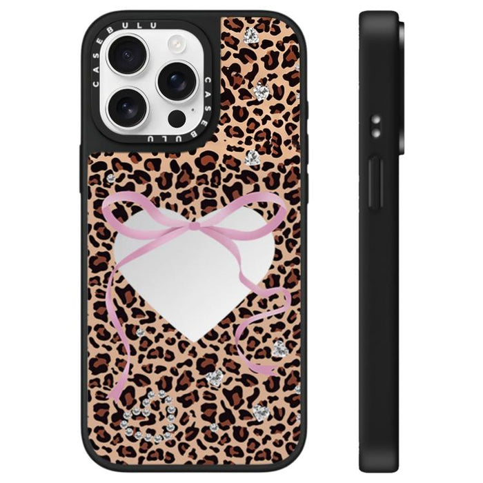 Funda para teléfono con espejo y estampado de leopardo y cerezas, For iPhone 16 Pro Max, For iPhone 16 Pro, For iPhone 16 Plus, For iPhone 16, For iPhone 15 Pro Max, For iPhone 15 Pro, For iPhone 15 Plus, For iPhone 15