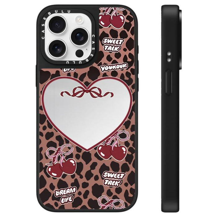 Funda para teléfono con espejo y estampado de leopardo y cerezas, For iPhone 16 Pro Max, For iPhone 16 Pro, For iPhone 16 Plus, For iPhone 16, For iPhone 15 Pro Max, For iPhone 15 Pro, For iPhone 15 Plus, For iPhone 15