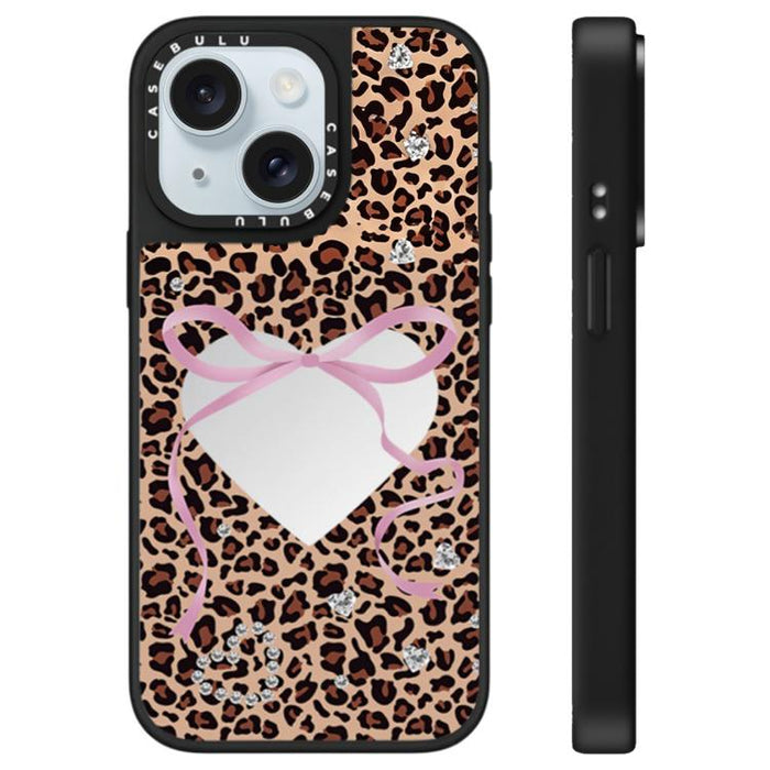 Funda para teléfono con espejo y estampado de leopardo y cerezas, For iPhone 16 Pro Max, For iPhone 16 Pro, For iPhone 16 Plus, For iPhone 16, For iPhone 15 Pro Max, For iPhone 15 Pro, For iPhone 15 Plus, For iPhone 15