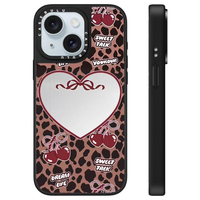 Funda para teléfono con espejo y estampado de leopardo y cerezas, For iPhone 16 Pro Max, For iPhone 16 Pro, For iPhone 16 Plus, For iPhone 16, For iPhone 15 Pro Max, For iPhone 15 Pro, For iPhone 15 Plus, For iPhone 15