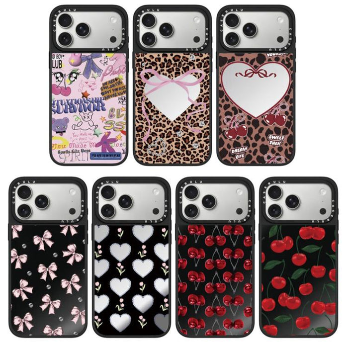 Funda para teléfono con espejo y estampado de leopardo y cerezas, For iPhone 16 Pro Max, For iPhone 16 Pro, For iPhone 16 Plus, For iPhone 16, For iPhone 15 Pro Max, For iPhone 15 Pro, For iPhone 15 Plus, For iPhone 15