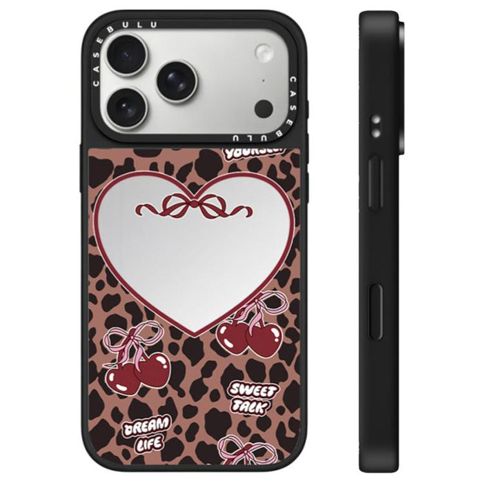 Funda para teléfono con espejo y botón de control de cámara con estampado de leopardo y cerezas de la serie Leopard, For iPhone 17 Pro Max, For iPhone 17 Pro, For iPhone 17, For iPhone Air