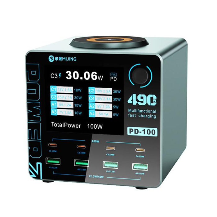 Cargador rápido inteligente multipuerto Mijing PD100 de 100 W compatible con carga rápida QC/PD y carga inalámbrica de 15 W., EU Plug, US Plug