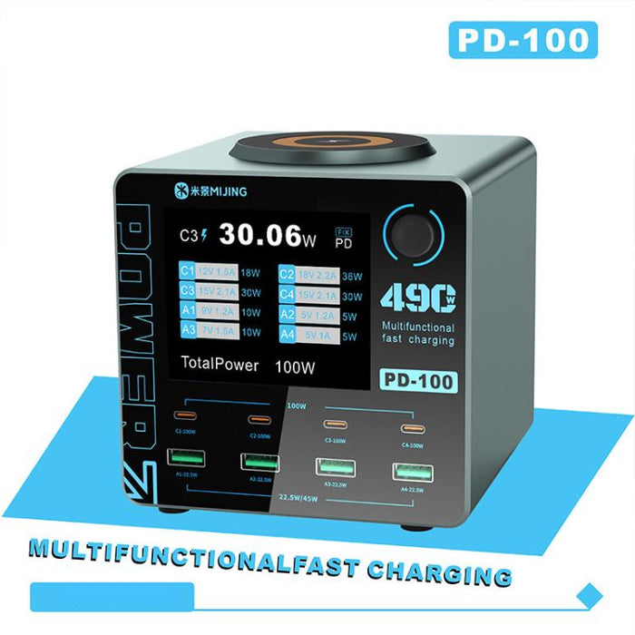 Cargador rápido inteligente multipuerto Mijing PD100 de 100 W compatible con carga rápida QC/PD y carga inalámbrica de 15 W., EU Plug, US Plug