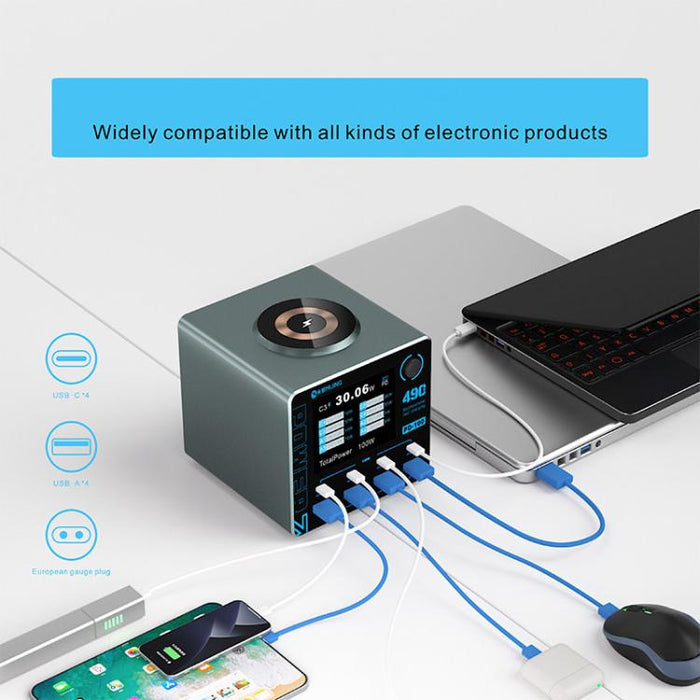 Cargador rápido inteligente multipuerto Mijing PD100 de 100 W compatible con carga rápida QC/PD y carga inalámbrica de 15 W., EU Plug, US Plug