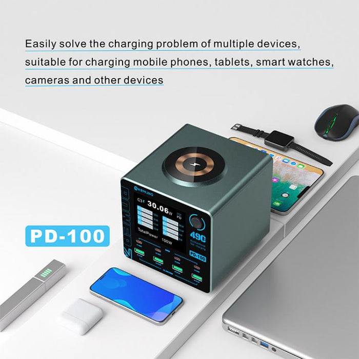 Cargador rápido inteligente multipuerto Mijing PD100 de 100 W compatible con carga rápida QC/PD y carga inalámbrica de 15 W., EU Plug, US Plug