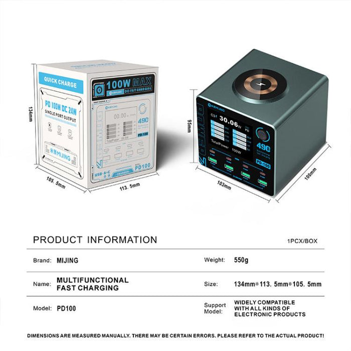 Cargador rápido inteligente multipuerto Mijing PD100 de 100 W compatible con carga rápida QC/PD y carga inalámbrica de 15 W., EU Plug, US Plug