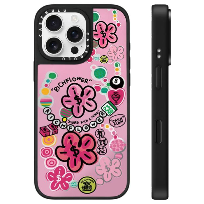 Funda para teléfono con espejo y estampado de la serie Rich Flower, For iPhone 16 Pro Max, For iPhone 16 Pro, For iPhone 16 Plus, For iPhone 16, For iPhone 15 Pro Max, For iPhone 15 Pro, For iPhone 15 Plus, For iPhone 15