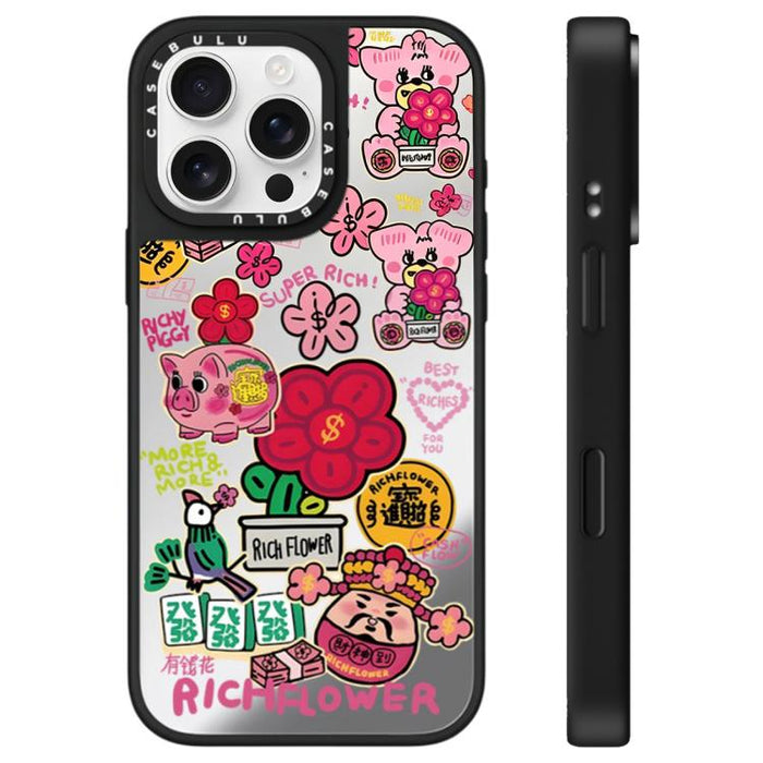 Funda para teléfono con espejo y estampado de la serie Rich Flower, For iPhone 16 Pro Max, For iPhone 16 Pro, For iPhone 16 Plus, For iPhone 16, For iPhone 15 Pro Max, For iPhone 15 Pro, For iPhone 15 Plus, For iPhone 15