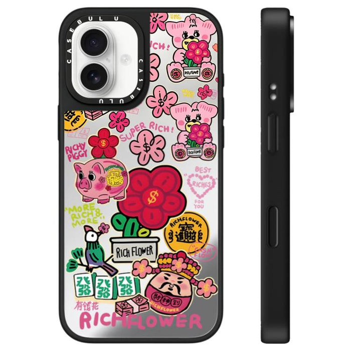 Funda para teléfono con espejo y estampado de la serie Rich Flower, For iPhone 16 Pro Max, For iPhone 16 Pro, For iPhone 16 Plus, For iPhone 16, For iPhone 15 Pro Max, For iPhone 15 Pro, For iPhone 15 Plus, For iPhone 15