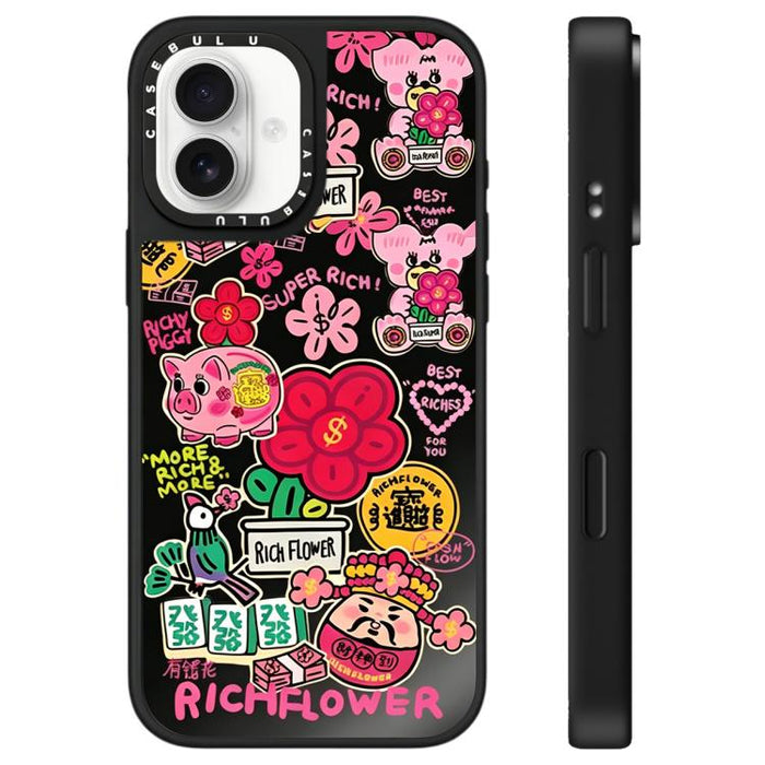 Funda para teléfono con espejo y estampado de la serie Rich Flower, For iPhone 16 Pro Max, For iPhone 16 Pro, For iPhone 16 Plus, For iPhone 16, For iPhone 15 Pro Max, For iPhone 15 Pro, For iPhone 15 Plus, For iPhone 15