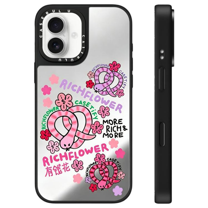 Funda para teléfono con espejo y estampado de la serie Rich Flower, For iPhone 16 Pro Max, For iPhone 16 Pro, For iPhone 16 Plus, For iPhone 16, For iPhone 15 Pro Max, For iPhone 15 Pro, For iPhone 15 Plus, For iPhone 15