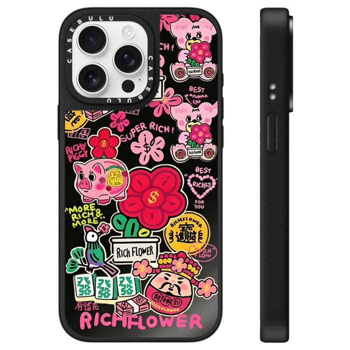 Funda para teléfono con espejo y estampado de la serie Rich Flower, For iPhone 16 Pro Max, For iPhone 16 Pro, For iPhone 16 Plus, For iPhone 16, For iPhone 15 Pro Max, For iPhone 15 Pro, For iPhone 15 Plus, For iPhone 15
