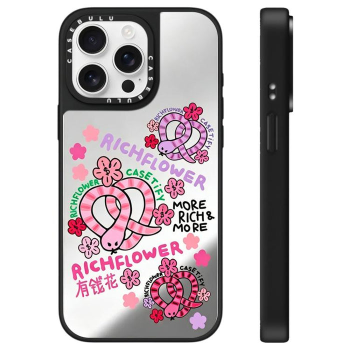 Funda para teléfono con espejo y estampado de la serie Rich Flower, For iPhone 16 Pro Max, For iPhone 16 Pro, For iPhone 16 Plus, For iPhone 16, For iPhone 15 Pro Max, For iPhone 15 Pro, For iPhone 15 Plus, For iPhone 15