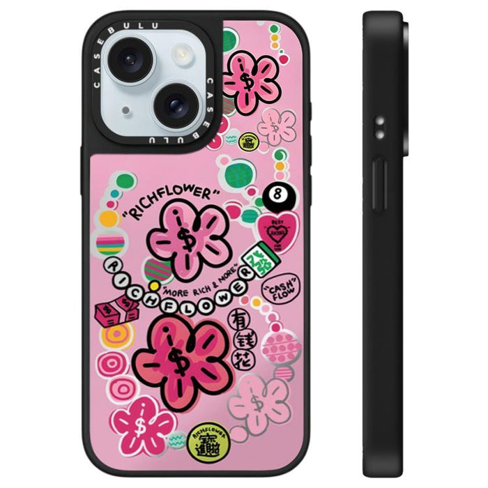 Funda para teléfono con espejo y estampado de la serie Rich Flower, For iPhone 16 Pro Max, For iPhone 16 Pro, For iPhone 16 Plus, For iPhone 16, For iPhone 15 Pro Max, For iPhone 15 Pro, For iPhone 15 Plus, For iPhone 15