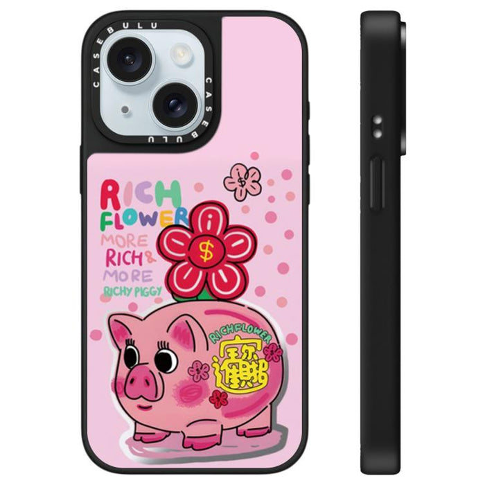 Funda para teléfono con espejo y estampado de la serie Rich Flower, For iPhone 16 Pro Max, For iPhone 16 Pro, For iPhone 16 Plus, For iPhone 16, For iPhone 15 Pro Max, For iPhone 15 Pro, For iPhone 15 Plus, For iPhone 15