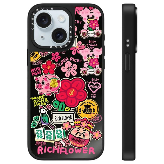 Funda para teléfono con espejo y estampado de la serie Rich Flower, For iPhone 16 Pro Max, For iPhone 16 Pro, For iPhone 16 Plus, For iPhone 16, For iPhone 15 Pro Max, For iPhone 15 Pro, For iPhone 15 Plus, For iPhone 15