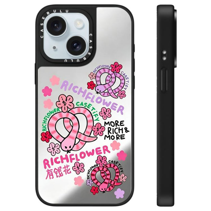 Funda para teléfono con espejo y estampado de la serie Rich Flower, For iPhone 16 Pro Max, For iPhone 16 Pro, For iPhone 16 Plus, For iPhone 16, For iPhone 15 Pro Max, For iPhone 15 Pro, For iPhone 15 Plus, For iPhone 15