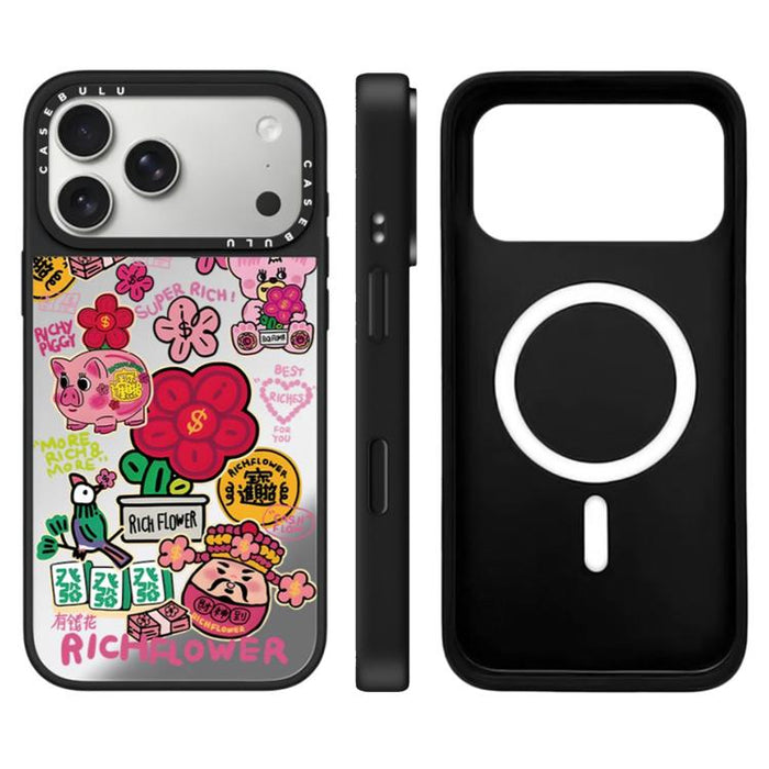 Funda magnética para teléfono con espejo y botón de control de cámara con estampado de la serie Rich Flower, For iPhone 17 Pro Max, For iPhone 17 Pro, For iPhone 17, For iPhone Air