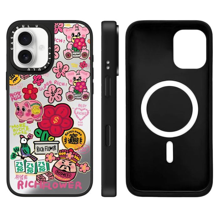 Funda magnética para teléfono con espejo y botón de control de cámara con estampado de la serie Rich Flower, For iPhone 17 Pro Max, For iPhone 17 Pro, For iPhone 17, For iPhone Air