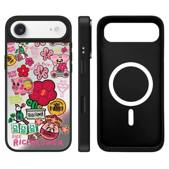 Funda magnética para teléfono con espejo y botón de control de cámara con estampado de la serie Rich Flower, For iPhone 17 Pro Max, For iPhone 17 Pro, For iPhone 17, For iPhone Air