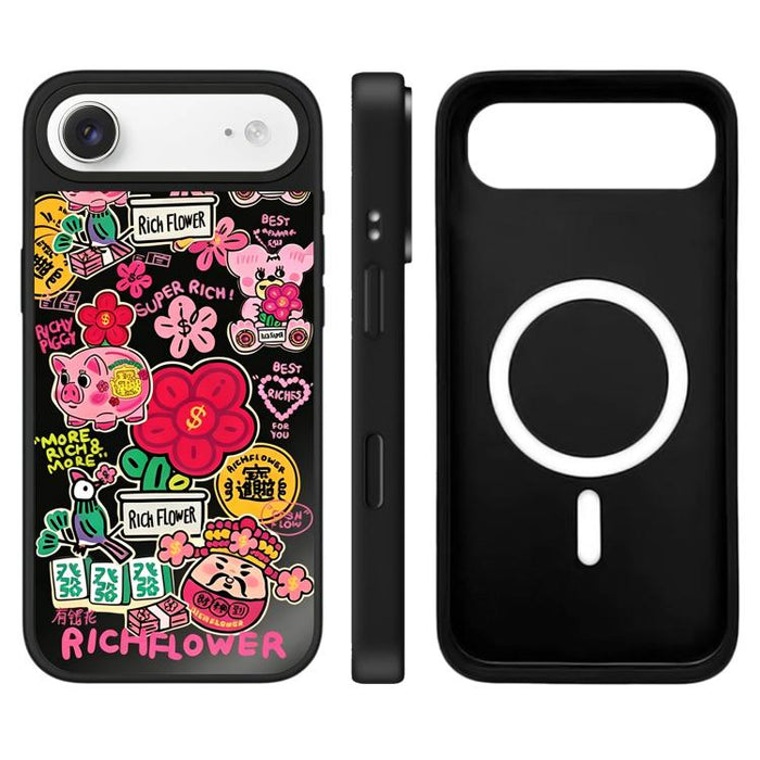 Funda magnética para teléfono con espejo y botón de control de cámara con estampado de la serie Rich Flower, For iPhone 17 Pro Max, For iPhone 17 Pro, For iPhone 17, For iPhone Air