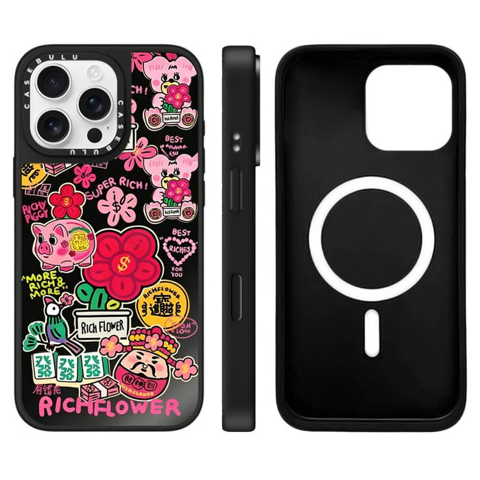 Funda magnética para teléfono con espejo y estampado de la serie Rich Flower, For iPhone 16 Pro Max, For iPhone 16 Pro, For iPhone 16 Plus, For iPhone 16, For iPhone 15 Pro Max, For iPhone 15 Pro, For iPhone 15 Plus, For iPhone 15