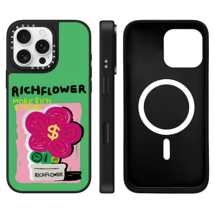 Funda magnética para teléfono con espejo y estampado de la serie Rich Flower, For iPhone 16 Pro Max, For iPhone 16 Pro, For iPhone 16 Plus, For iPhone 16, For iPhone 15 Pro Max, For iPhone 15 Pro, For iPhone 15 Plus, For iPhone 15