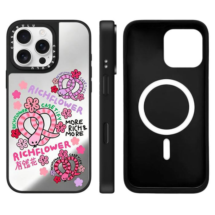 Funda magnética para teléfono con espejo y estampado de la serie Rich Flower, For iPhone 16 Pro Max, For iPhone 16 Pro, For iPhone 16 Plus, For iPhone 16, For iPhone 15 Pro Max, For iPhone 15 Pro, For iPhone 15 Plus, For iPhone 15