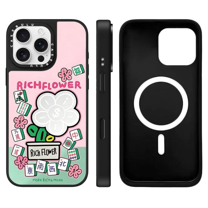 Funda magnética para teléfono con espejo y estampado de la serie Rich Flower, For iPhone 16 Pro Max, For iPhone 16 Pro, For iPhone 16 Plus, For iPhone 16, For iPhone 15 Pro Max, For iPhone 15 Pro, For iPhone 15 Plus, For iPhone 15