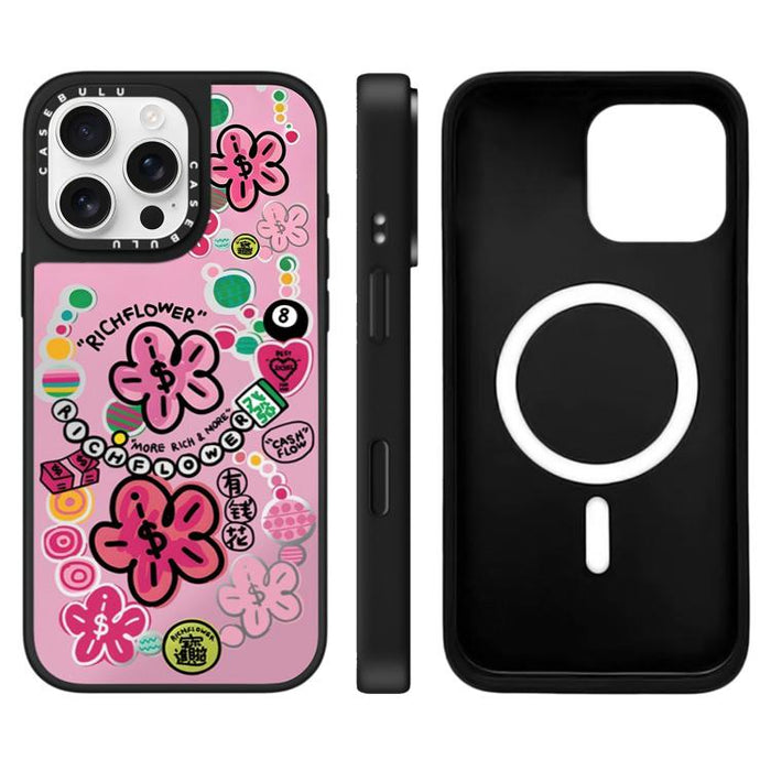 Funda magnética para teléfono con espejo y estampado de la serie Rich Flower, For iPhone 16 Pro Max, For iPhone 16 Pro, For iPhone 16 Plus, For iPhone 16, For iPhone 15 Pro Max, For iPhone 15 Pro, For iPhone 15 Plus, For iPhone 15