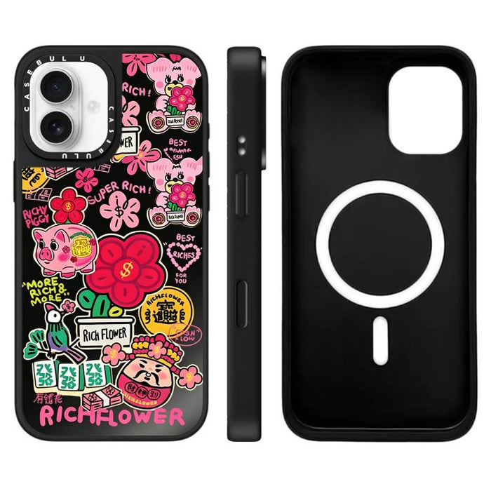 Funda magnética para teléfono con espejo y estampado de la serie Rich Flower, For iPhone 16 Pro Max, For iPhone 16 Pro, For iPhone 16 Plus, For iPhone 16, For iPhone 15 Pro Max, For iPhone 15 Pro, For iPhone 15 Plus, For iPhone 15