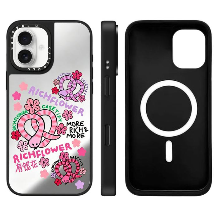 Funda magnética para teléfono con espejo y estampado de la serie Rich Flower, For iPhone 16 Pro Max, For iPhone 16 Pro, For iPhone 16 Plus, For iPhone 16, For iPhone 15 Pro Max, For iPhone 15 Pro, For iPhone 15 Plus, For iPhone 15