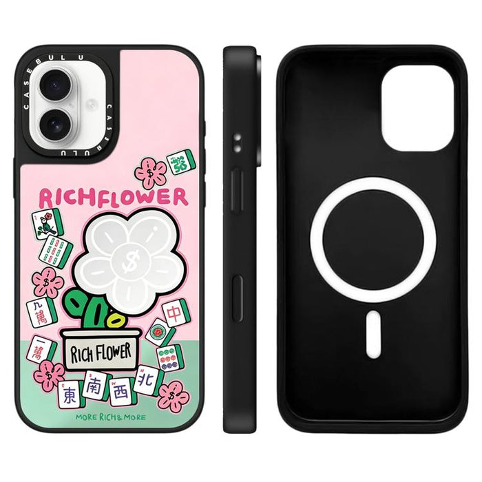 Funda magnética para teléfono con espejo y estampado de la serie Rich Flower, For iPhone 16 Pro Max, For iPhone 16 Pro, For iPhone 16 Plus, For iPhone 16, For iPhone 15 Pro Max, For iPhone 15 Pro, For iPhone 15 Plus, For iPhone 15
