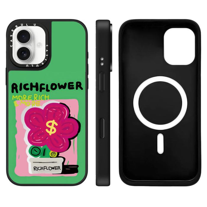 Funda magnética para teléfono con espejo y estampado de la serie Rich Flower, For iPhone 16 Pro Max, For iPhone 16 Pro, For iPhone 16 Plus, For iPhone 16, For iPhone 15 Pro Max, For iPhone 15 Pro, For iPhone 15 Plus, For iPhone 15