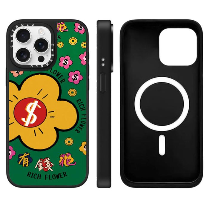 Funda magnética para teléfono con espejo y estampado de la serie Rich Flower, For iPhone 16 Pro Max, For iPhone 16 Pro, For iPhone 16 Plus, For iPhone 16, For iPhone 15 Pro Max, For iPhone 15 Pro, For iPhone 15 Plus, For iPhone 15