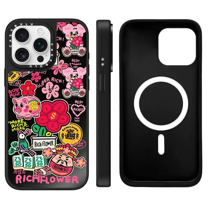 Funda magnética para teléfono con espejo y estampado de la serie Rich Flower, For iPhone 16 Pro Max, For iPhone 16 Pro, For iPhone 16 Plus, For iPhone 16, For iPhone 15 Pro Max, For iPhone 15 Pro, For iPhone 15 Plus, For iPhone 15