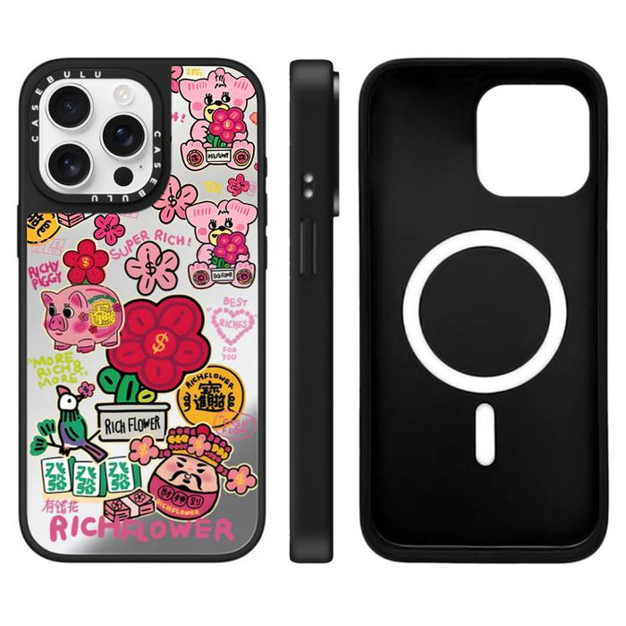 Funda magnética para teléfono con espejo y estampado de la serie Rich Flower, For iPhone 16 Pro Max, For iPhone 16 Pro, For iPhone 16 Plus, For iPhone 16, For iPhone 15 Pro Max, For iPhone 15 Pro, For iPhone 15 Plus, For iPhone 15